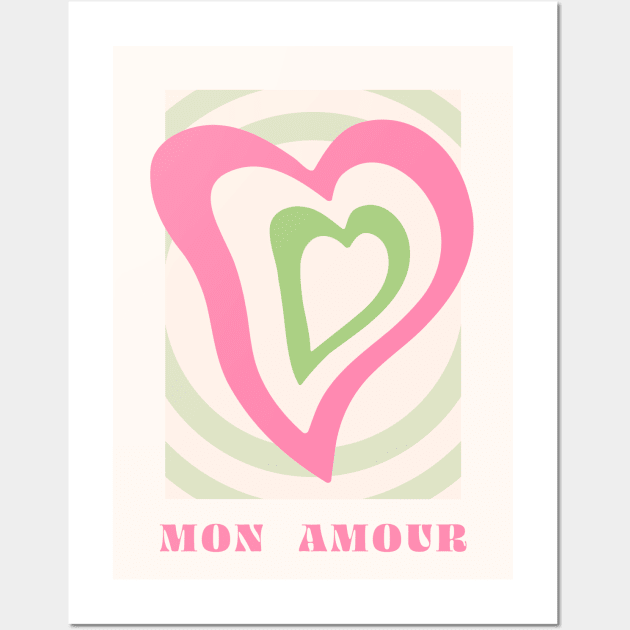 Mon amour, Heart, Groovy art, Preppy decor, Valentine's Day, Y2K aesthetic, Danish pastel Wall Art by KristinityArt